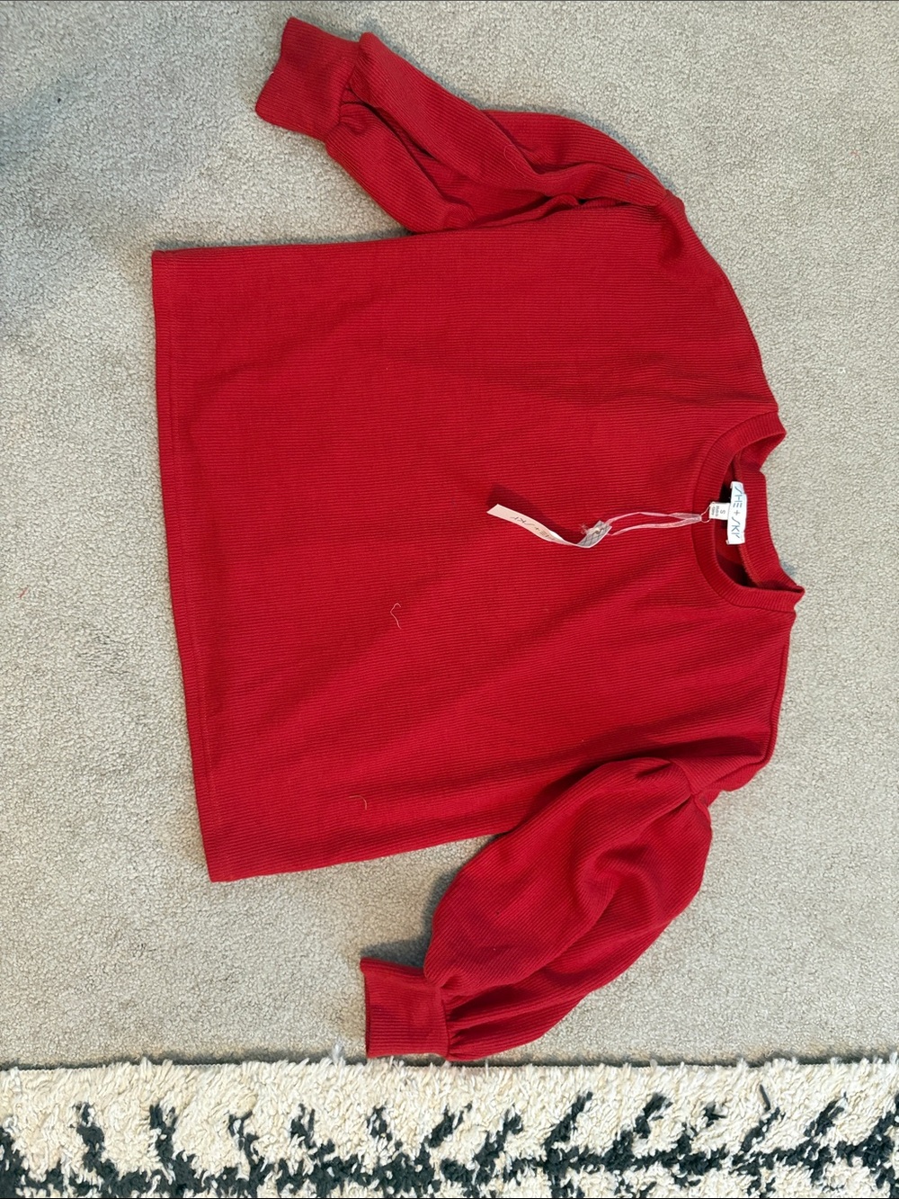 She + Sky Red Crewneck Balloon-Sleeve Sweater